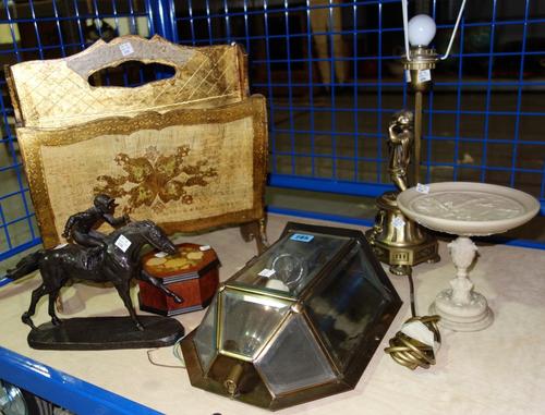 A group of collectables including a spelter race horse, a giltwood Canterbury, a figural table lamp and sundry.