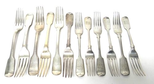 Three silver fiddle pattern table forks, London 1835, three silver fiddle pattern table forks, York 1840 and six silver fiddle pattern dessert forks,