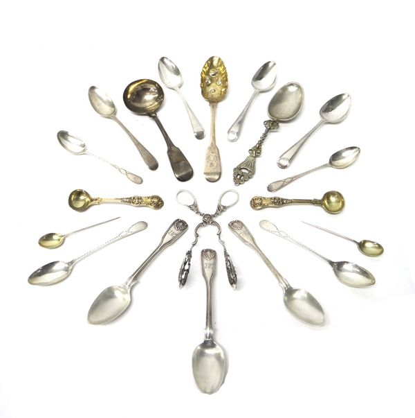 Silver table flatware, comprising; a fiddle pattern sauce ladle, London 1826, four Scottish teaspoons, having bright cut engraved decoration, circa 18