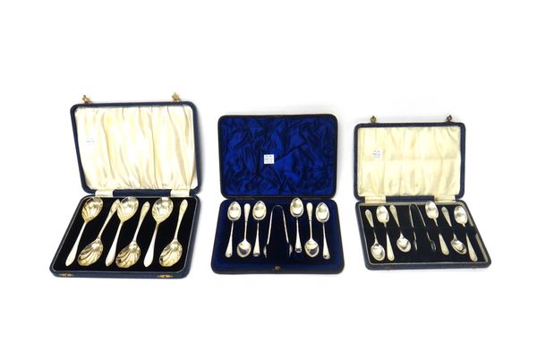 Silver flatware, comprising; a set of six fruit spoons, having shell shaped bowls, Sheffield 1938, a set of six Victorian coffee spoons, Sheffield 189