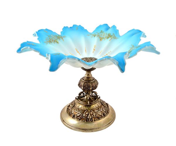 A German tazza, the shaped milk glass dished top with pale blue pastel shaded frosted glass, highlighted with painted and gilt floral and foliate spra