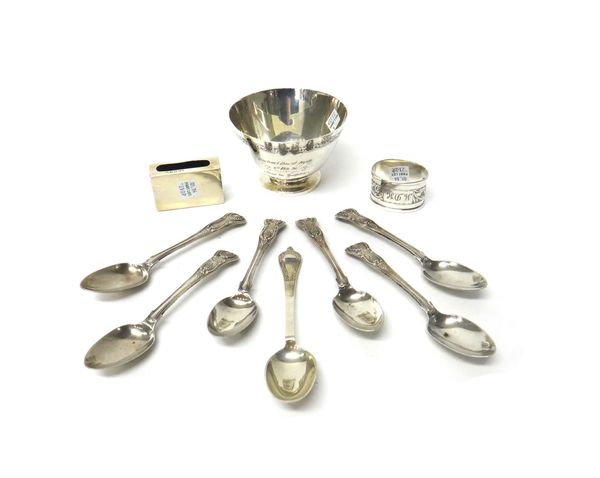 Silver, comprising; a christening bowl and spoon, the bowl presentation inscribed, Birmingham 1948, a set of six double struck King's pattern teaspoon