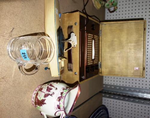 A Hornby clockwork tin plate boat, a vintage radio, an etched glass tankard and a lustre jug. (4)