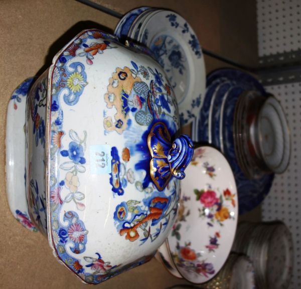 A quantity of ceramics, including blue and white meat plates, Oriental plates, bowls, a Mason's tureen and sundry.