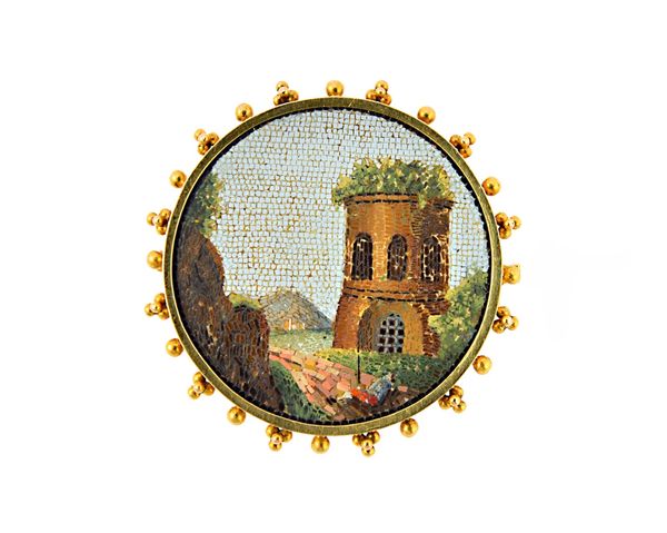 A Victorian gold micro mosaic brooch depicting a guard at ease outside a gatehouse, within a circular beaded surround, 4.4cm diameter, gross weight 26