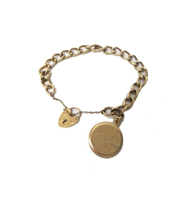 A 9ct gold curb link bracelet, with a 9ct gold heart shaped padlock clasp and a 9ct gold circular identity pendant, detailed Tessa Jane, combined weig