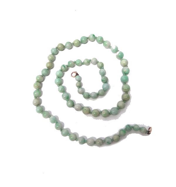 A single row necklace of slightly graduated jade beads, on a gold boltring clasp, length 59cms.