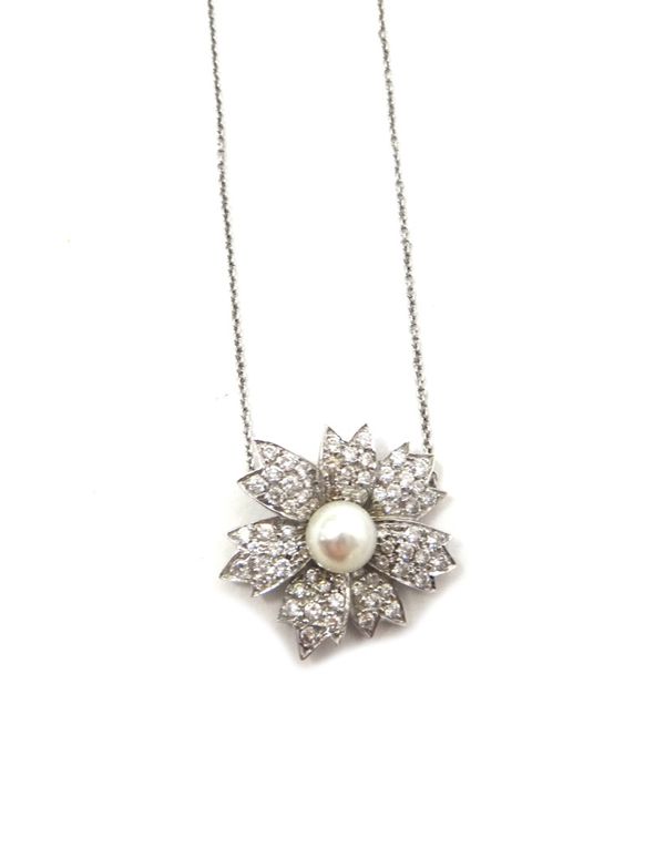 A 20th century white gold, diamond and cultured pearl set pendant designed as a flowerhead, 2.8cm wide, on a trace link neckchain, gross combined weig