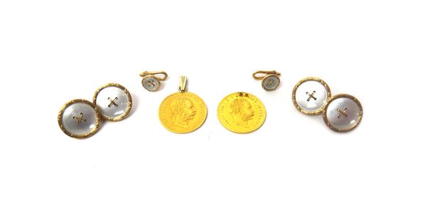 Two Austrian gold ducats 1878 and 1897, both mounted as jewellery, a pair of gold and mother of pearl circular cufflinks and a matching pair of foldin