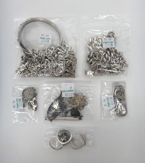 Mostly silver jewellery, comprising; seven neckchains and necklaces, four bracelets, an oval hinged bangle, five rings, four brooches, three pendant c
