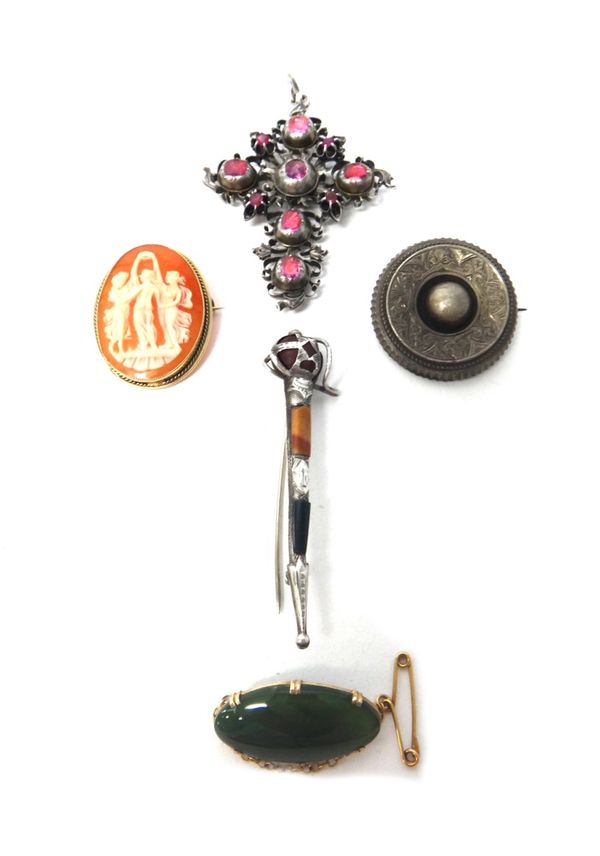 A ruby, foil backed red gemstone and diamond set pendant cross, having scroll pierced decoration, probably circa 1800, a 9ct gold mounted oval shell c