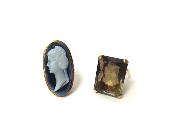 A 9ct gold ring, mounted with an oval banded agate cameo, carved as the portrait of a lady, ring size N and a 9ct gold ring, claw set with a rectangul