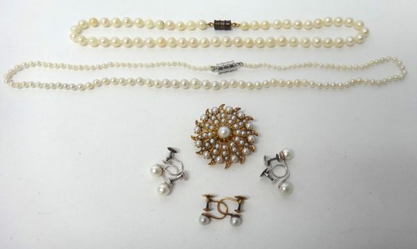 A gold and half pearl set brooch, designed as a sunburst, two pairs of earrings, two odd earrings, two single row necklaces of cultured pearls and a q