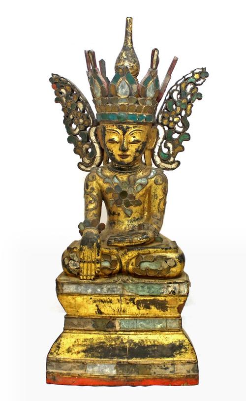 A Japanese Satsuma vase and cover, a small vase and a pair of gilt metal figural candlesticks, 16cm high. (4)