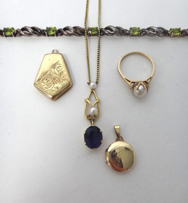 A gold, amethyst and cultured pearl set pendant necklace, a 9ct gold ring, mounted with a cultured pearl, two pairs of diamond set earrings, four furt