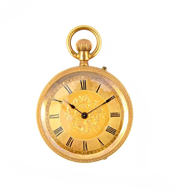 A lady's gold cased, keyless wind, openfaced fob watch, with an unsigned gilt cylinder movement, gilt metal inner case, the decorated gilt dial with b