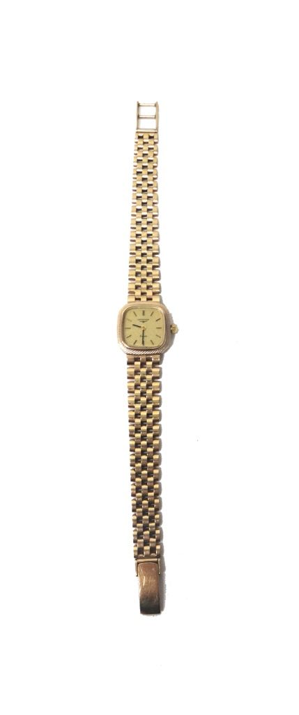 A lady's 9ct gold, Longines Quartz bracelet wristwatch, the signed curved square gilt dial with baton shaped numerals, on a 9ct gold tapering oval lin