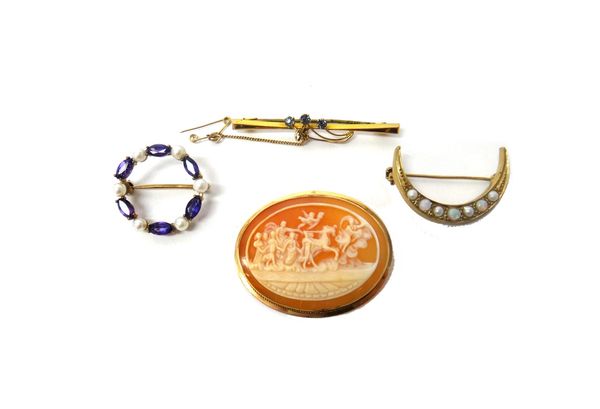 A 9ct gold, opal and half pearl set brooch, designed as a crescent, a 9ct gold, amethyst and cultured pearl set circular brooch, a gold and pale blue