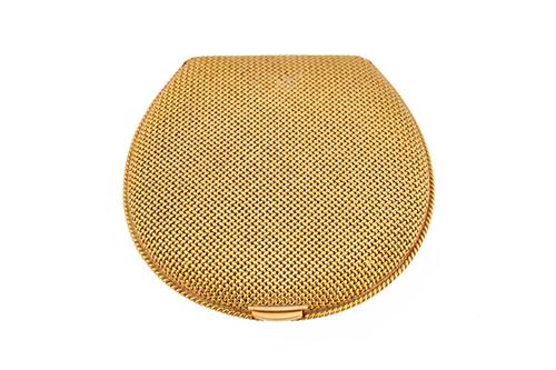 A lady's gold powder compact, of woven mesh link form, having a ropetwist wirework border to the base, detailed 750, the interior fitted with a circul