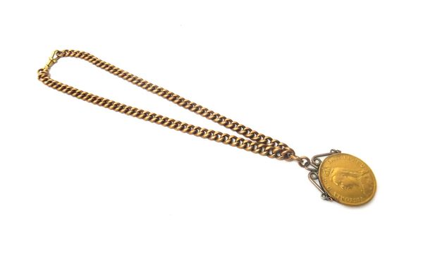 A Victoria Jubilee head two pounds piece, 1887, fitted to a gold hollow curb link chain, detailed 9 C, with a swivel clasp, gross weight 33 gms.