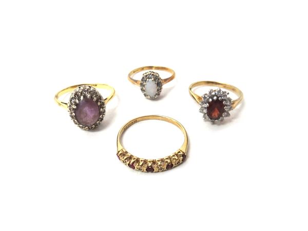 A 9ct gold, opal and diamond set oval cluster ring, a gold, amethyst and diamond set oval cluster ring, a 9ct gold, ruby and diamond set nine stone ha