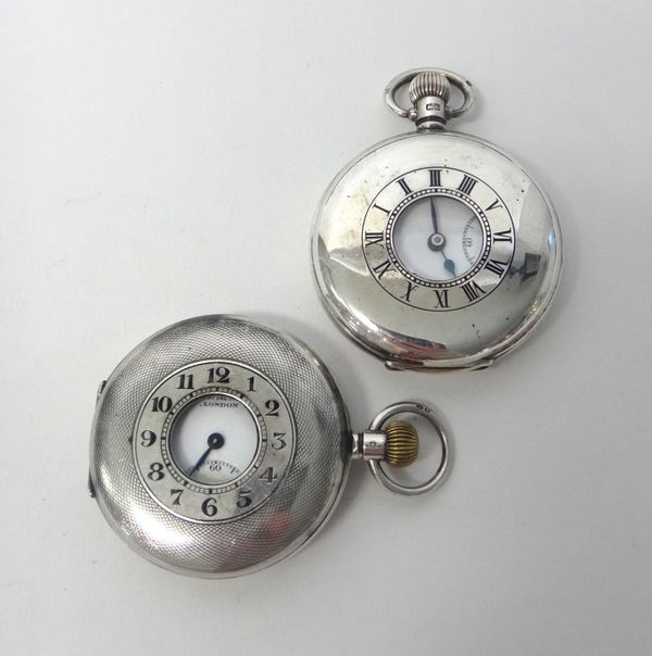 A gentleman's silver cased, keyless wind, half hunting cased pocket watch, the jewelled lever movement detailed Lagaros Swiss Made, silver inner case,