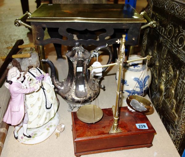 A quantity of collectables including a small brass fire stand, medicine scales, an electroplated coffee pot and ceramics. (qty)