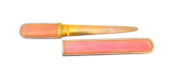 A gold and enamelled paper knife, with a tapering blade, detailed with false Russian marks, the handle and the scabbard decorated with peach/pink tran