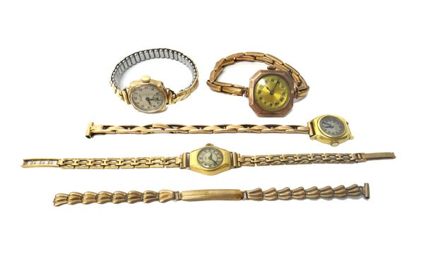 A lady's 9ct gold, cut cornered square cased wristwatch, import mark Glasgow 1924, on an expanding curved bar link bracelet, a lady's 18ct gold cased