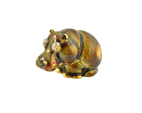 An Italian gold, enamelled and diamond set novelty pill box, formed as a seated hippopotamus, the body with pale brown/green enamelled decoration and