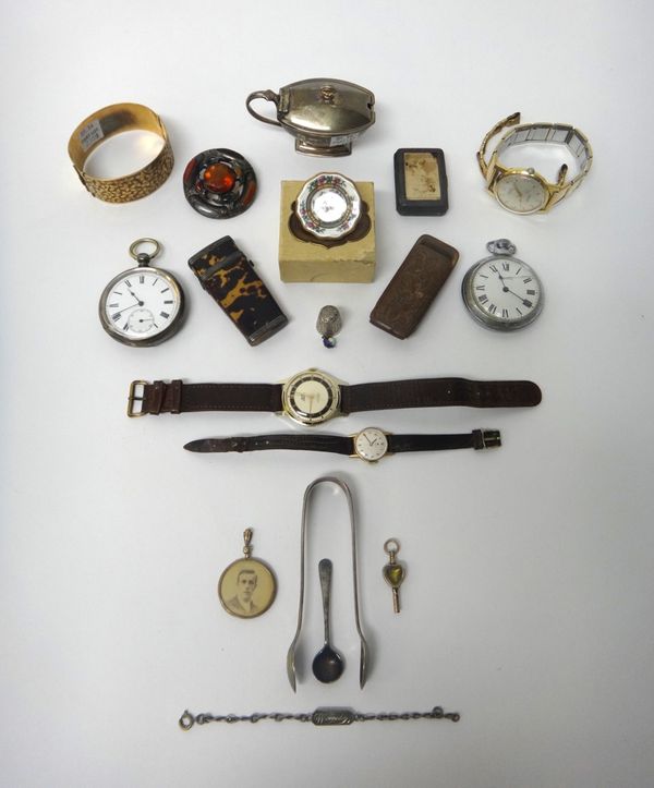 A gentleman's silver cased, openfaced pocket watch, London 1877, an Ingersoll pocket watch, a lady's Tissot wristwatch, two gentleman's wristwatches,