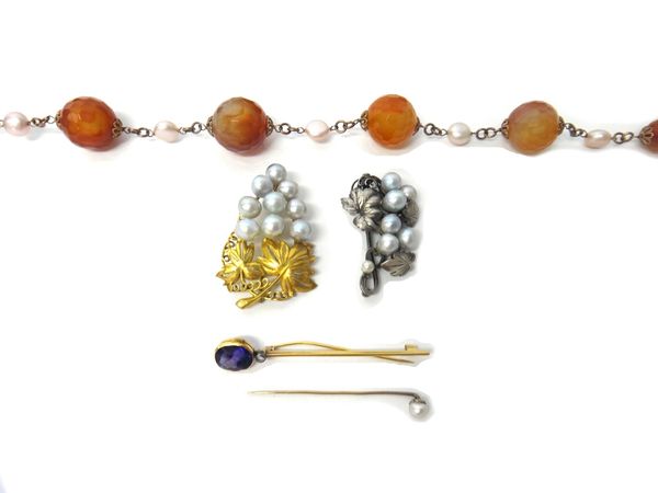 A gold, amethyst and rose diamond set two stone bar brooch, a Sterling silver gilt and cultured pearl brooch, designed as a bunch of grapes, another c