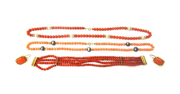 A single row necklace of coral beads, spaced with cultured pearls at intervals, on a boltring clasp, a single row necklace of pale pink coral beads, s