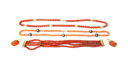 A single row necklace of coral beads, spaced with cultured pearls at intervals, on a boltring clasp, a single row necklace of pale pink coral beads, s