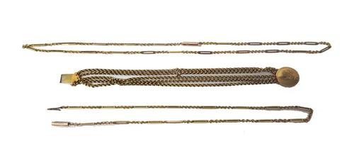 A gold bracelet, in a five row circular link design, on an oval snap clasp, monogram engraved and two bar and oval link neckchains, with cylindrical c