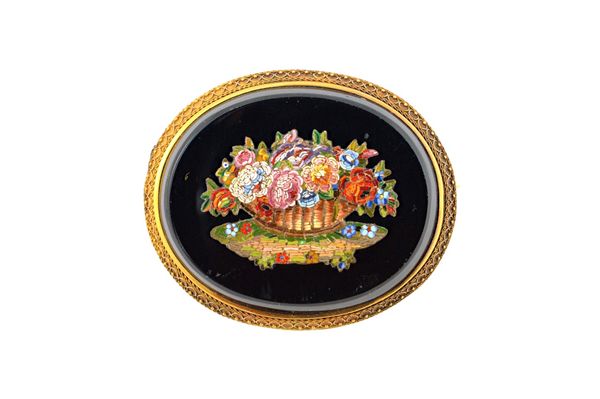 A Victorian gold mounted oval micro-mosaic brooch, designed as a basket of flowers, the mount with bead and wirework decoration, in the classical tast