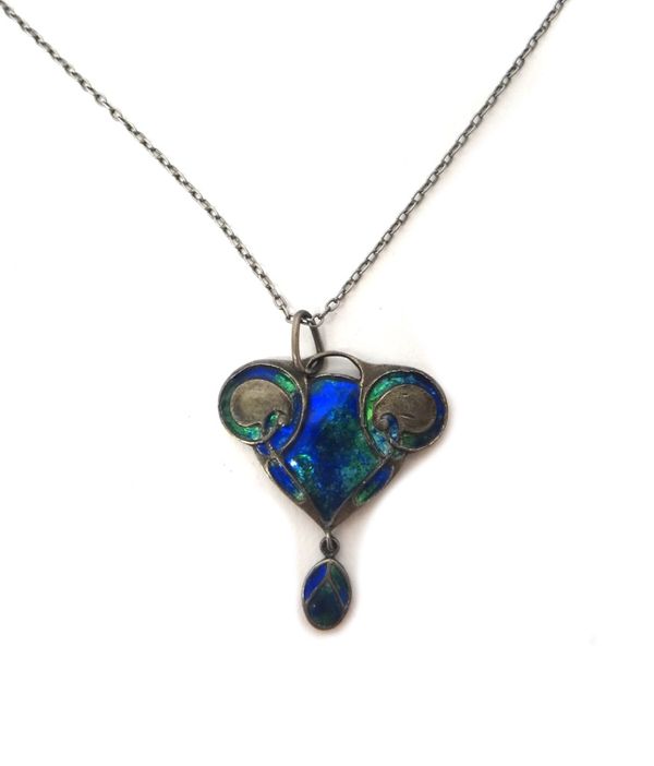 A silver and blue/green enamelled pendant, in an Art Nouveau panel shaped design, the front with an oval drop by Merle Bennett & Co, detailed 950 with