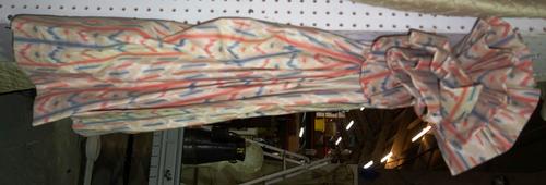 A pair of pink and blue stripped pattern curtains, 85cm wide x 96cm drop.