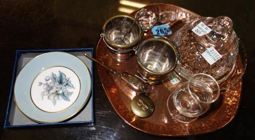 A quantity of collectables including a copper Teachers whiskey advertising plate, two coopered salt buckets, a miniature Meccano brass oil can and sun