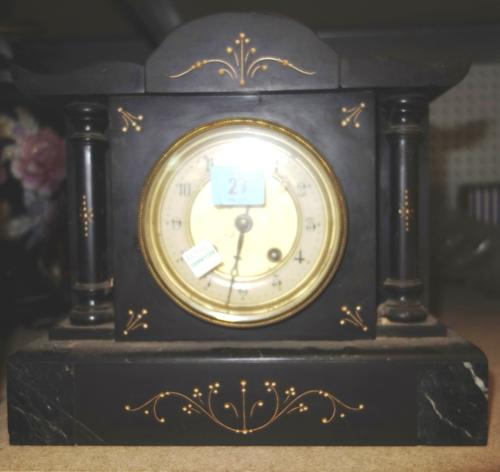 A quantity of collectables including a black slate cased mantel clock, an Oriental bronze naturalistic pot on stand, a ginger jar and a hardwood carve