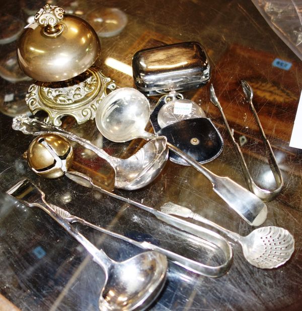 A small quantity of electro plated items including a bell and a watch.