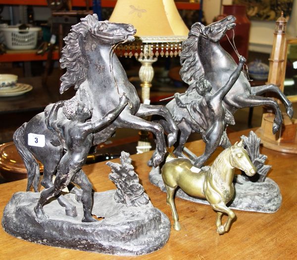 A pair of spelter marley horses and a bronze model of a horse. (3)