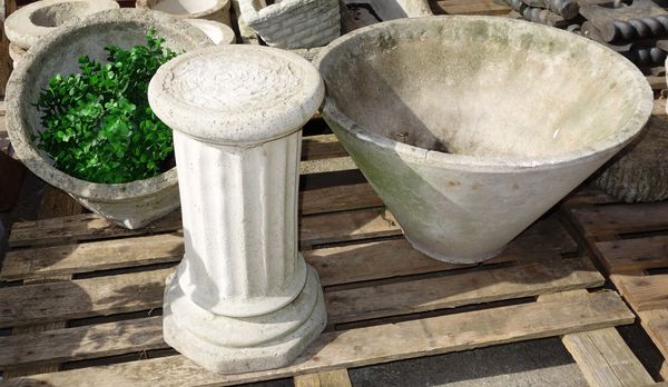 A large reconstituted stone conical on stand, together with a reconstituted stone planter. (3)