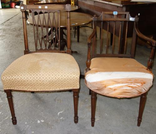 A 19th century mahogany framed open armchair, together with a George III mahogany lattice back chair, (2).