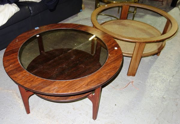 A circular Danish style hardwood and glass coffee table and another. (2)