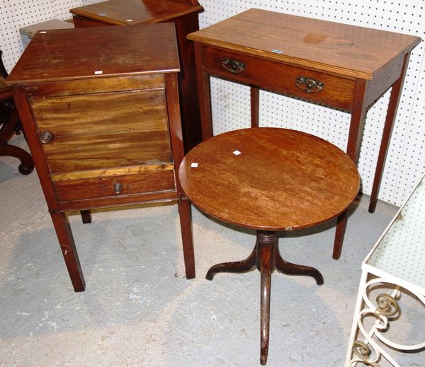 An oak single drawer side table, a tripod table, and a pot cupboard. (3)