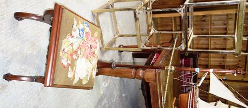 A Victorian carved rosewood pole screen together with an early Victorian 'X' framed stool. (2)