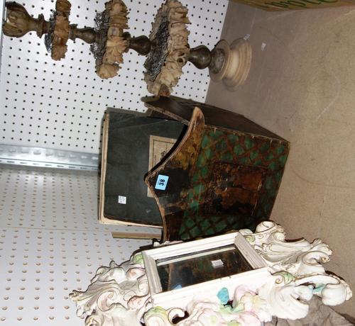 A group of collectables including a 18th century painted wall mirror, a chinoiserie decorated stained pine box, illustrations from the book of job and