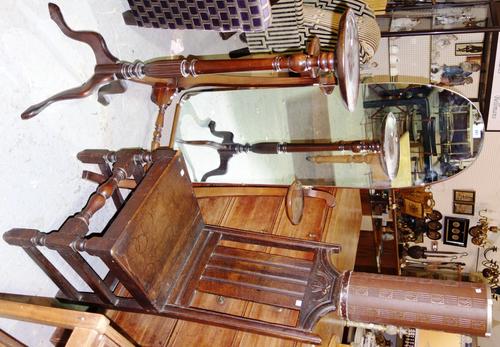 A 20th century mahogany cheval mirror, together with a mahogany jardiniere stand and an 18th century oak side chair. (3)
