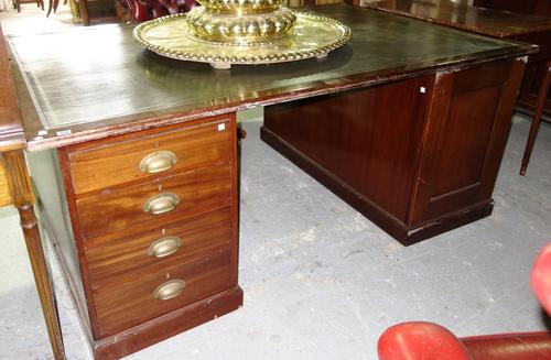 A large late 19th century mahogany pedestal partners writing desk on plinth base, 183cm wide